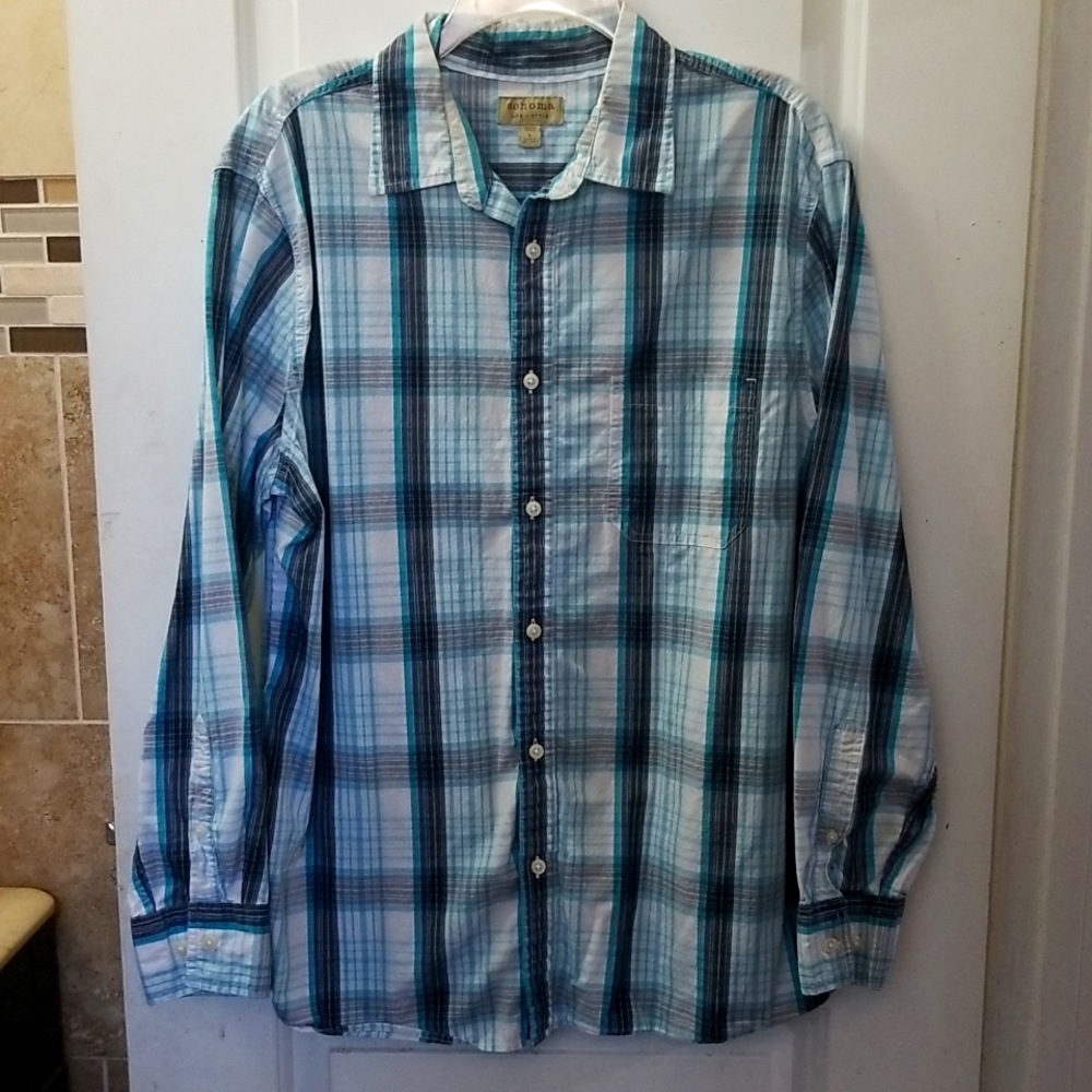 Sonoma - Button down shirt, Size - L, Color - Blue with checkered pattern
